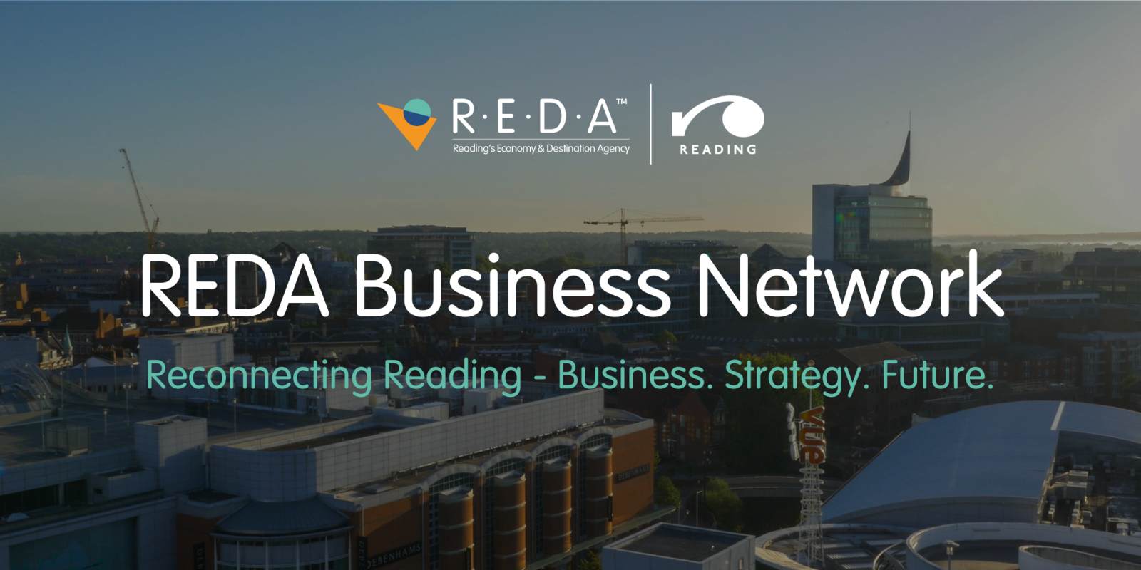 Drone shot of Reading town centre with REDA Business Network text